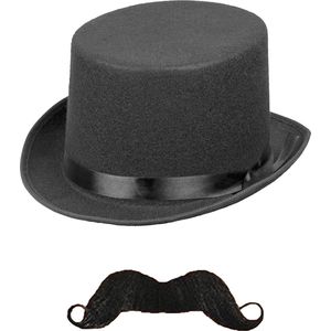 Carnaval verkleed set Allister - Aristoctaat/Gentleman - Hoge hoed met plaksnor - Heren kostuum accessoires