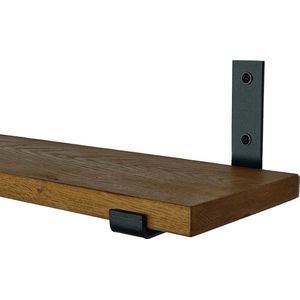 GoudmetHout - Massief eiken wandplank - 200 x 15 cm - Donker Eiken - Inclusief industriële plankdragers L-vorm UP mat zwart - lange boekenplank
