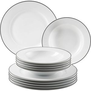 Enna tafelservies voor 6 personen - modern wit met zwarte rand - 12-delige bordenset - porselein - rond servies
