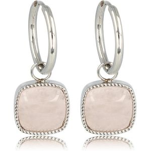 My Bendel zilveren oorring met een grote roze quartz edelsteen