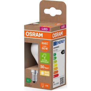 OSRAM Energy Class LED-lamp in klassieke minibolvorm, 3,8 W / 806 lm, EEK A, warm wit licht (2700 K), CRI 80, gemaakt van mat loodvrij glas, E14 fitting, IP20, 45 mm diameter.