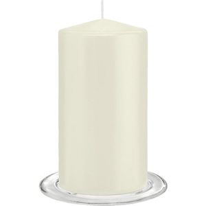 Trend Candles - Stompkaarsen met glazen onderzetters set van 2x stuks ivoor wit 8 x 15 cm