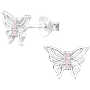 Joy|S - Zilveren vlinder oorbellen - 9.4 x 7 mm - roze zirkonia - sterling zilver 925