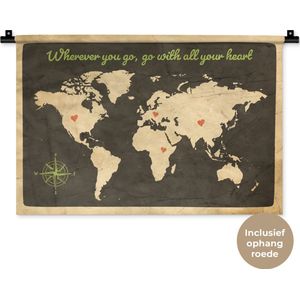 Wandkleed WereldkaartenKerst illustraties - Vintage wereldkaart met de quote Wherever you go go with all your heart en harten Wandkleed katoen 60x40 cm - Wandtapijt met foto