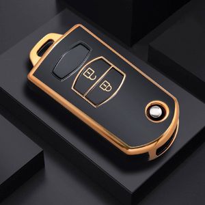 Autosleutel hoesje - TPU Sleutelhoesje - Sleutelcover - Autosleutelhoes - Geschikt voor Mazda -zw-goud- C2 - Auto Sleutel Accessoires gadgets - Kado Cadeau man - vrouw