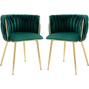 Merax Fluwelen Eetkamerstoel Set van 2 - Velvet Stoelen - Groen met Goud