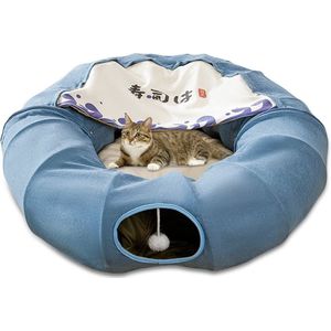 kattenmand,Kattentunnel, kattenbed voor binnen, huisdierengrot met 1 hangende krabballen, inklapbare ronde kattentunnel, kattentunnelbed (blauw)