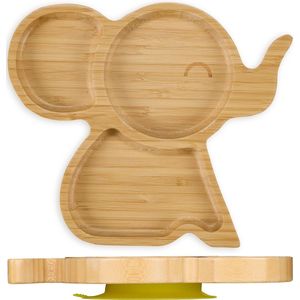 Relaxdays vakjesbord olifant - kinderbord met zuignap - babybordje 3 vakken - bamboe bord