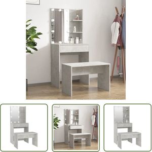The Living Store Kaptafelset met LED's bewerkt hout betongrijs - Kaptafel - Vintage Kaptafel - Make-up Tafel - Led Kaptafel - Betongrijs Kaptafel