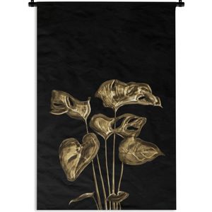 Wandkleed Golden/rose leavesKerst illustraties - Gouden hartvormige bladeren met gaten op een zwarte achtergrond Wandkleed katoen 60x90 cm - Wandtapijt met foto