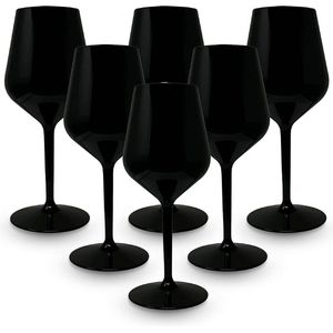 Set van 6 wijnglazen 33 Cl van polycarbonaat (hard plastic), 100% Italiaans design, onbreekbare glazen, herbruikbare en vaatwasmachinebestendige wijnglazen, zwart