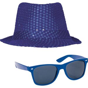 Toppers - Carnaval verkleed set compleet - hoedje en zonnebril - blauw - heren/dames - glimmend - verkleedkleding