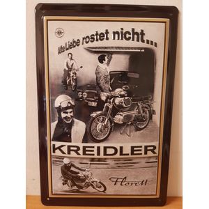 Kreidler Florett Bromfiets alte liebe Reclamebord van metaal 30 x 20 cm GEBOLD BORD MET RELIEF METALEN-WANDBORD - MUURPLAAT - VINTAGE - RETRO - HORECA- WANDDECORATIE -TEKSTBORD - DECORATIEBORD - RECLAMEPLAAT - WANDPLAAT - NOSTALGIE -CAFE- BAR