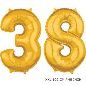 Mega grote XXL gouden folie ballon cijfer 38 jaar.  leeftijd verjaardag 38 jaar. 102 cm 40 inch. Met rietje om ballonnen mee op te blazen.