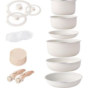 LifeStages® Inductiepannen en pannenset met afneembare handgrepen, antiaanbaklaag, graniet, stapelbaar, kookgerei set met siliconen deksels, ruimtebesparende pannenset zonder PFOA, braadpan, braadpan,