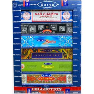 Satya Gift Set Collection - mooie 15 grams giftpack - 12 verschillende geuren met gratis houten wierookhouder en gratis mini bergkristal