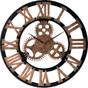 LW Collection XL wandklok brons zwart 80cm industrieel - grote industriële wandklok - Houten klok met tandwielen - Moderne wandklok - Landelijke klok stil uurwerk