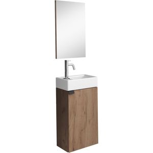 Badplaats Toiletmeubel Apollo 40 x 22 cm - Bruin Eiken - Fonteinmeubel met Wastafel en Spiegel