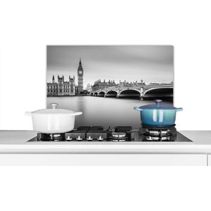 Spatscherm keuken 60x40 cm - Kookplaat achterwand Londen - Big Ben - Water - Skyline - Zwart wit - Muurbeschermer - Spatwand fornuis - Hoogwaardig aluminium