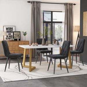 Sweiko Eettafel set (117 x 68cm eettafel, 4 stoelen), rechthoekige eettafel, moderne keuken eettafel set, eettafel en stoelen, donkergrijze twill fluweel keukenstoelen, gouden tafelpoten