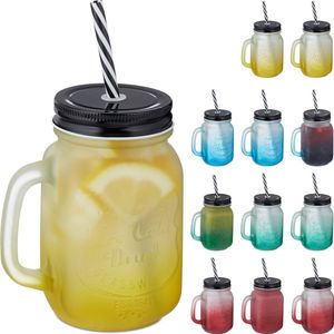 Relaxdays drinkglazen met rietje en deksel - set van 12 - mason jars met handvat - 400 ml