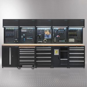 Datona® Werkplaatsinrichting PREMIUM met eiken werkblad 340 cm breed - Zwart