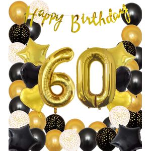 Snoes Ballonnen 60 Jaar Black Gold Dots Mega Ballon - Compleet Feestpakket Goud Zwart Stippen Cijferballon 60 - Verjaardag Versiering DIY Slinger Happy Birthday – Folieballon – Latex Ballonnen - Helium Ballonnen