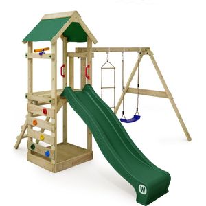 WICKEY speeltoestel klimtoestel FreeFlyer met schommel en groene glijbaan, outdoor speeltoestel voor kinderen met zandbak, ladder en speelaccessoires voor de tuin