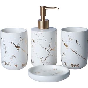 Creative Bathroom Accessory Set, Toothbrush Cup, Four Pieces Sets Includes Two Rinse Cup, Soap Dish and Lotion Dispenser, Marble Grain, Ceramic (wit)