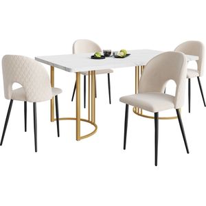 Merax Eettafelset – 5-Delig: Eettafel (140x80 cm) met 4 Fluwelen Eetkamerstoelen - Verstelbare Stoelpoten - MDF Tafelblad in Wit en Gouden Onderstel