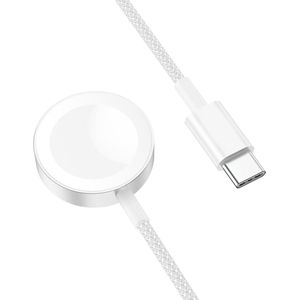 Hoco Draadloze Lader Geschikt voor Apple Watch Oplader - Snel Lader (Type C) Geschikt voor Apple Watch 1 / 2 / 3 / 4 / 5 / 6 / 7 / 8 / 9 / SE / Ultra - USB C Oplaadkabel (1 meter) - Wit