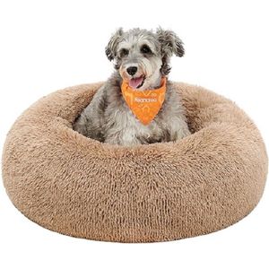 hondenmand, rond donutvormig bed, bank, afneembaar en wasbaar centraal kussen, zachte pluche stof, Ø70 cm, kameelbruin PGW039K01