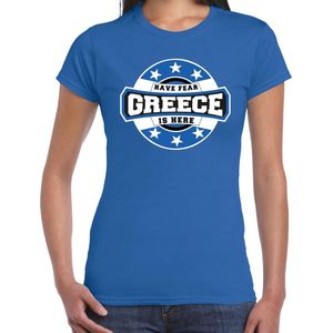 Have fear Greece is here t-shirt met sterren embleem in de kleuren van de Griekse vlag - blauw - dames - Griekenland supporter / Grieks elftal fan shirt / EK / WK / kleding XS