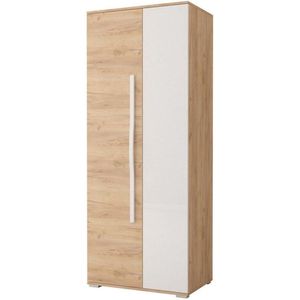 Draaideurkast NELIA – 2-deurs kledingkast met lade, legplanken en kledingroede – Eiken Craft Goud + Wit hoogglans – 80x202x52 cm