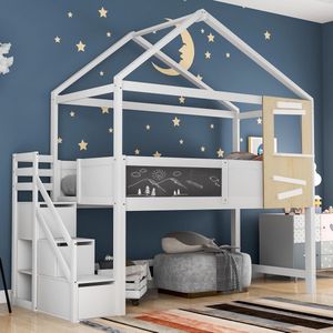 Huisbed, kinderbed, met trap en raam, met lattenbodem, trap met 3 lades, wit (200x90 cm)