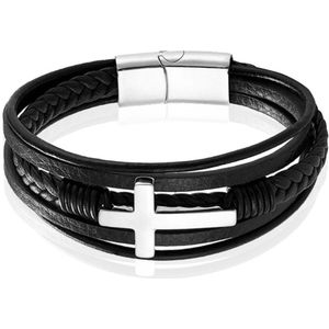 Mendes Jewelry Roestvrijstalen en Echt Lederen Heren Armband met Groot Kruis in Zwart en Zilver-23cm