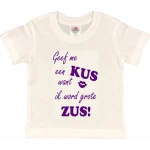 Shirt Aankondiging zwangerschap Geef me een KUS want ik word grote ZUS! | korte mouw | Wit/paars | maat 122/128 zwangerschap aankondiging bekendmaking