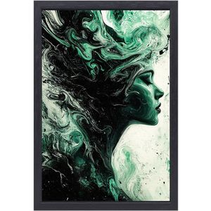 Abstract portret in groene tinten - Vrouw muurdecoratie - Canvas portret - Abstract expressionisme - Moderne canvas met lijst - Inrichting woonkamer - canvas met baklijst 60x90 cm