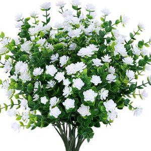 Kunstbloemen, set van 4, groene UV-bestendige plantenstruiken met ongelijke bloemen, geschikt voor binnen en buiten, voor decoratie in huis, tuin, bruidswedding en feest.