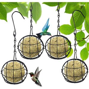 Voederdispenser voor vogels, 4 stuks, mezenbollenhouder, hangend vogelvoederstation, wordt geleverd met 4 kettingen, geschikt voor buiten, tuin, vogels, mussen, diameter 7 cm
