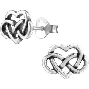 Joy|S - Zilveren Keltisch hartje oorbellen - 10 x 8 mm - infinity - geoxideerd