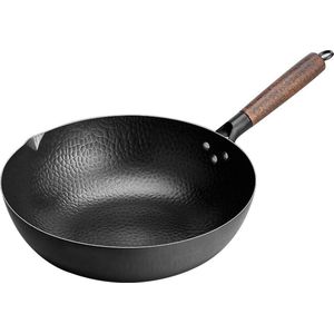 handgehamerde wokpan ongecoat 12,5"" Chinese ijzeren pot met platte bodem, geschikt voor inductie, elektrisch, aardgas