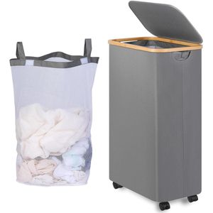 Wasmand met wieltjes - smal - 75 liter - grijs - wasbare binnenzak