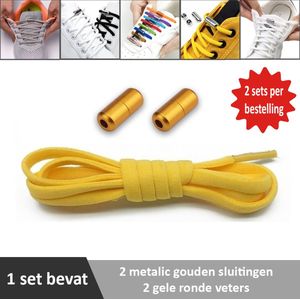 2 paar gele ronde elastische veters met metalic gouden sluitingen. Je hoeft voortaan nooit meer je veters te strikken