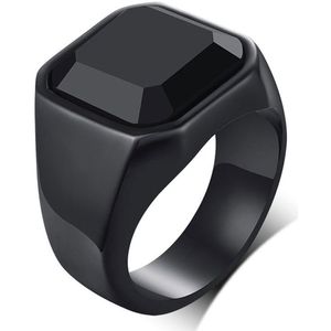 Zegelring Heren Zwart met Zwarte Steen - Staal - Ring Ringen Mannen - Cadeau voor Man - Mannen Cadeautjes