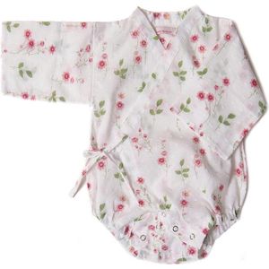 Lucky Wang NY - Kimono Onepiece - wit met roze roosjes - LW120 - 9 maanden - Maat 68/74