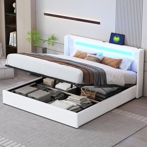 Sweiko Kinderbed 160x200cm Kussenbed, met LED Lichtband, Bluetooth Speler en USB opladen, PU lederen opbergbed, tweepersoonsbed, Flat noedles frame jeugdbed, Wit (Geen matras)