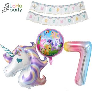 Loha-party® XXL Unicorns met XXL cijfer 7 Versiering ballonen-Little pony folie ballon-Helium Ballon -Eenhoorn Folie Ballon 7e Verjaardag Versiering-Unicorn Ballon Decoratie Feest Versiering-XXL-80cm Cijfer 7-Happy birthday slinger