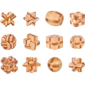 DW4Trading 3D Bamboo Breinpuzzels Kruis, Ster, Barrel, Sneeuwvlok, Bol, Complex 1-2, Kubus1-2-3, Knoop 1-2 - Set van 12 Stuks - 5x5 cm