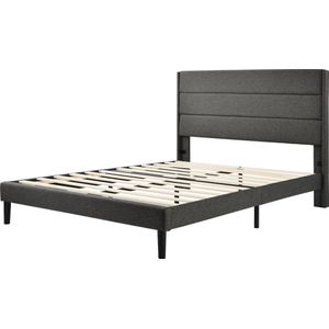 Merax Gestoffeerd Bed 140 x 200 cm - Bedframe met Lattenbodem & Hoofdeinde - Tweepersoonsbed - Donkergrijs
